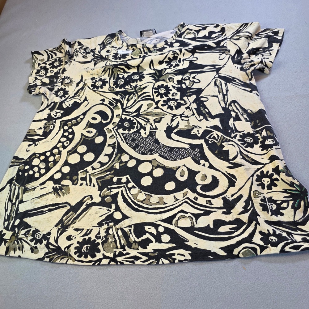 Kik-Kin Abstract Floral Psychedelic Print Short Sleeve Top Black Cream